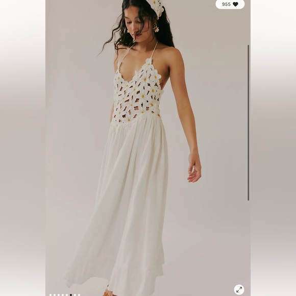 Free People Bali Spring Fling Halter Crochet Daisies Floral Maxi Dress M